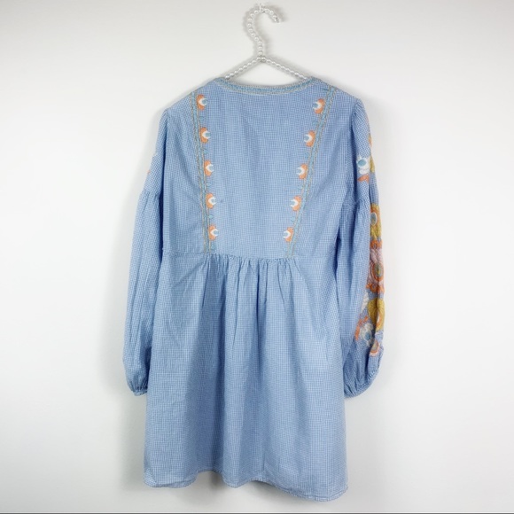 Zara Gingham blue embroidered checkered dress M - Picture 6 of 8